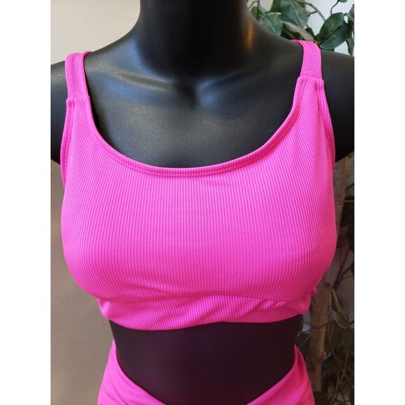 Womens 2 Piece Swimsuit Large Pink Ribbed Triangle Racerback Spaghetti Strap - Picture 3 of 6
